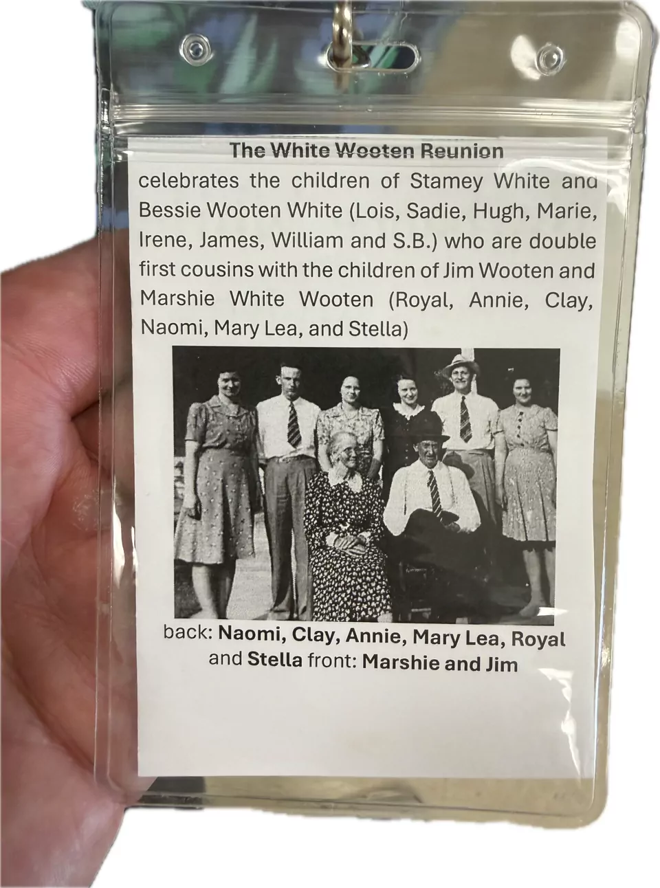 A printed White Wooten Reunion card describing the fourteen siblings, with a historic black-and-white family photograph beneath the text.